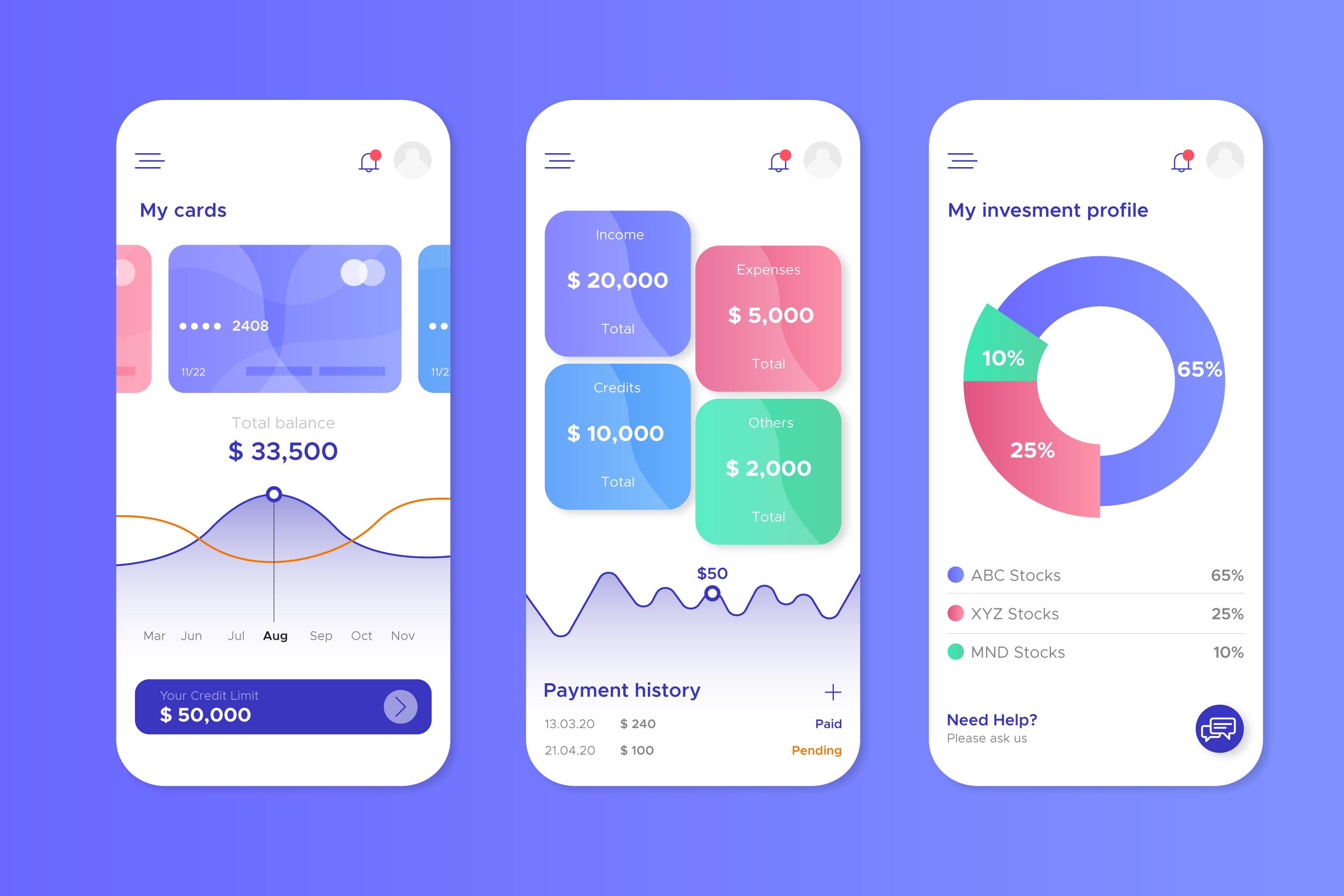 Screenshots of the finance app
